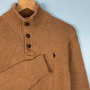 Polo Ralph Lauren Mens Large Brown Mock Neck Button Pullover Sweater Jumper Pony